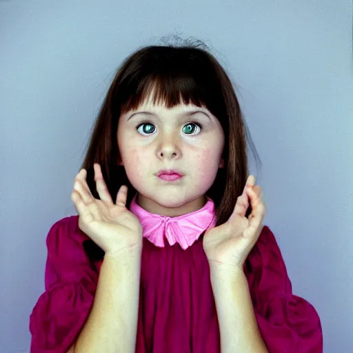 Prompt: wide shot, dark haired 10 year old girl in a pink dress looking at the camera with one hand over her mouth, surprised expression, 1990s bedroom