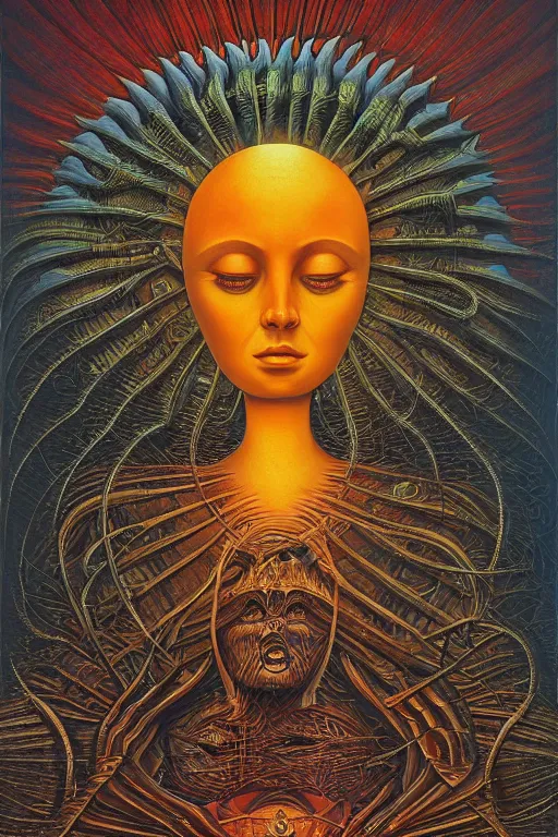 Image similar to THE QUEEN OF THE SUN by jacek yerka, alex gray, zdzisław beksiński, dariusz zawadzki, jeffrey smith and h.r. giger, oil on canvas, 8k highly professionally detailed, trending on artstation