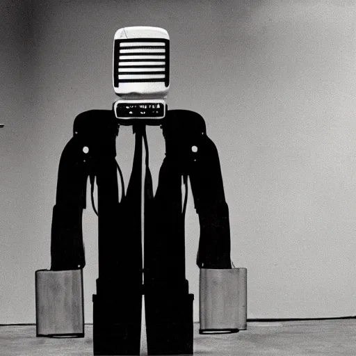 Image similar to The man with robot head, movie by David Lynch