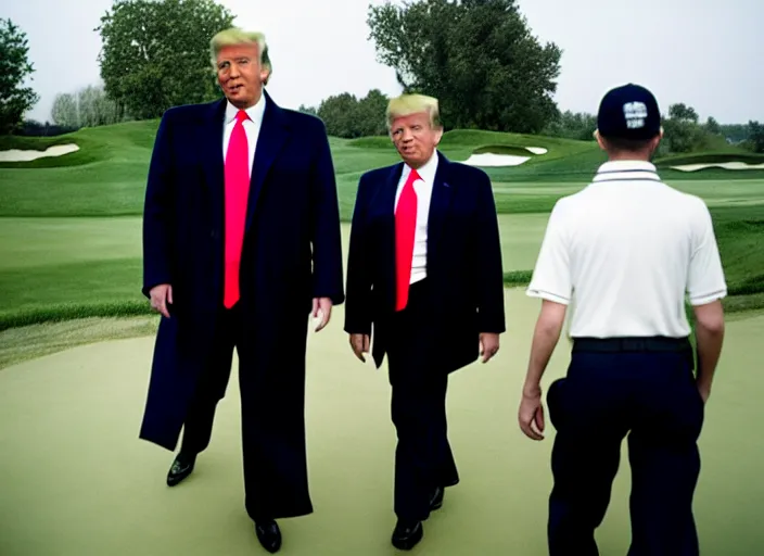 Image similar to Donald Trump with hands behind back taken away by two young FBI agents wearing uniforms at golf course, photo by Alex Webb, photo by James Nachtwey