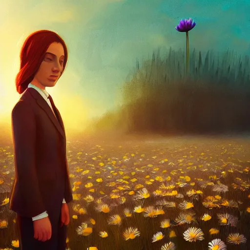 Image similar to giant daisy flower face, frontal, girl in a suit, surreal photography, sunrise, dramatic light, impressionist painting, digital painting, artstation, simon stalenhag