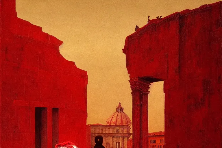 Image similar to only with red, caesar after win war, the deal, a red tiger, in hoc signo vinces, rome in background, an ancient path, in the style of beksinski, part by hopper, part by rodcenko, part by hofbauer, intricate composition, red by caravaggio, insanely quality, highly detailed, masterpiece, red light, artstation