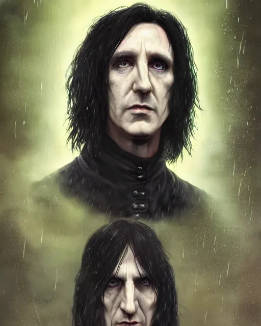 Image similar to An epic fantasy comic book style portrait painting of a very imposing Industrial goth Trent Reznor as Severus Snape in the rain, wet hair, neon reflections, character design by Mark Ryden and Pixar and Hayao Miyazaki, unreal 5, DAZ, hyperrealistic, octane render, cosplay, RPG portrait, dynamic lighting, intricate detail, cinematic