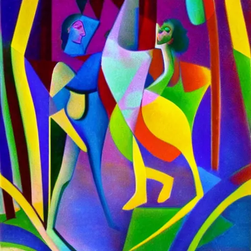 Prompt: woman dances like isadora duncan in the forest by the moonlight, abstract art in the style of cubism and georgia o’keefe ,