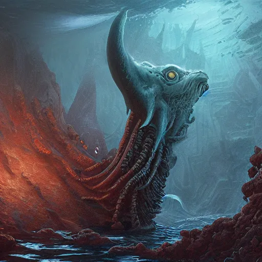 Image similar to sea beast of the depths in the style of michael whelan and h. p. lovecraft. hyperdetailed photorealism by greg rutkowski. 1 0 8 megapixels, 3 d finalrender, cinematic lighting.