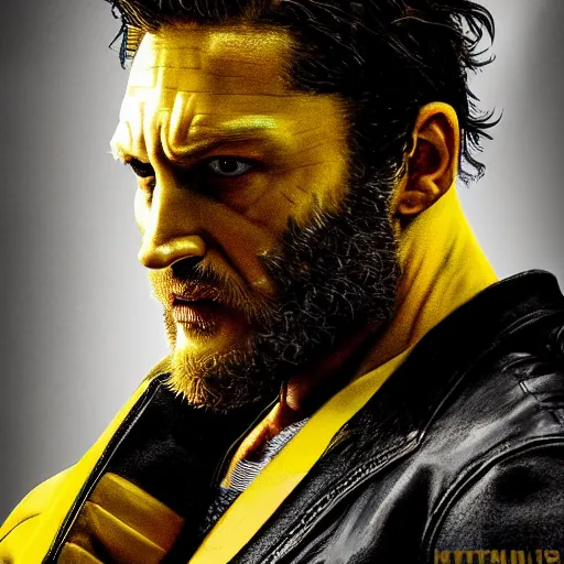 Image similar to Tom Hardy as wolverine in his yellow suit Digital art 4K quality Photorealism