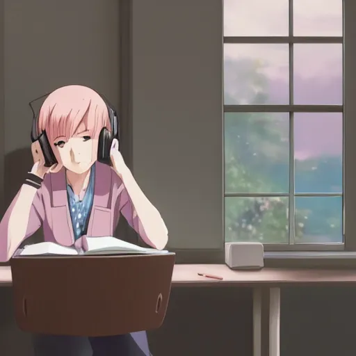 Prompt: high definition anime portrait of an anime girl with pastel colored hair sitting at a desk studying with headphones on, background is a window looking out into a busy Tokyo district, lo-fi art, masterpiece by Makoto Shinkai, trending on artstation, sharp high quality anime, digital art, photoshop, proportionate, ambient lighting, clear facial festures