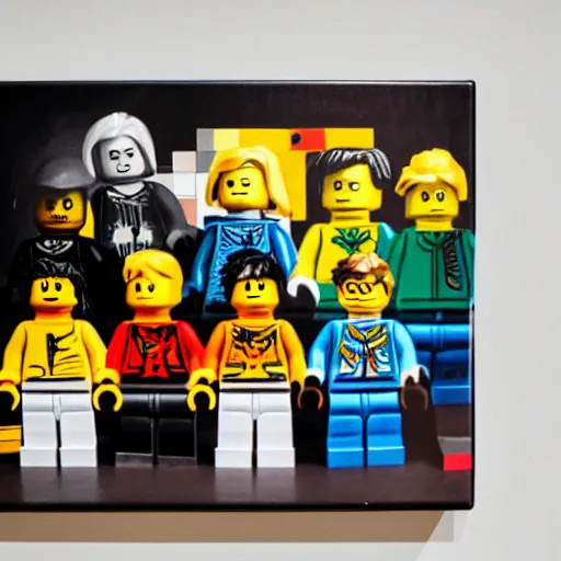 Prompt: studio lightning, macro lens photo, lego minifigures of Andy Warhol and Basquiat are painting on canvas