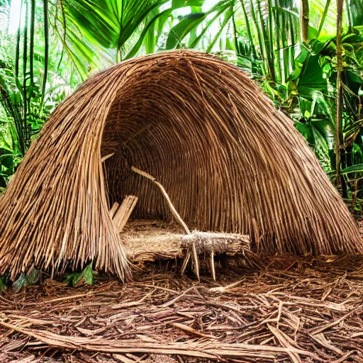 Image similar to sleeping shelter made of palm leaves and sticks in the rainforest, realistic, 8 k, night,