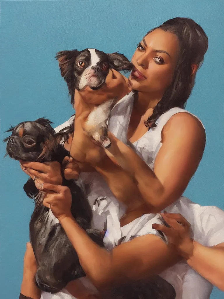 Prompt: “A beautiful oil painting of Megan-the-stallion holding a small dog with Dwayne Johnson’s head, trending on art station, digital art”