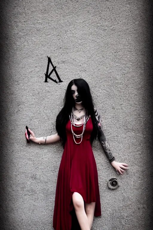 Prompt: a photo of a beautiful Goth girl wearing a dark red dress leaning on a wall, long dark hair, dark colors, tattoos, a large Ankh necklace, soft lighting, rich cinematic atmosphere, poster, 8k