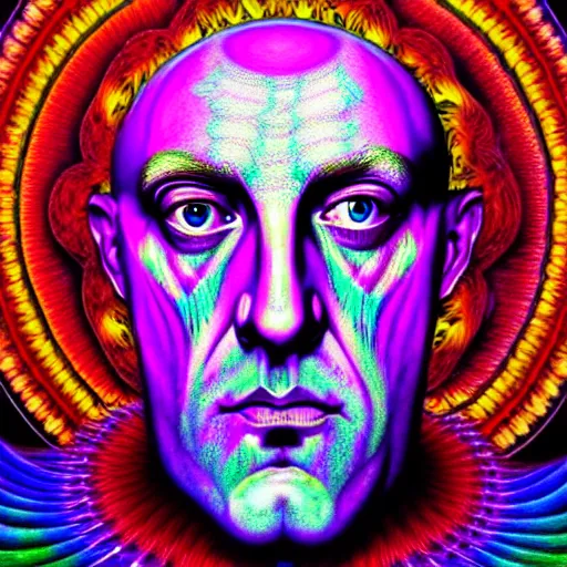 Image similar to An extremely psychedelic portrait of AleisterCrowley, surreal, LSD, face, detailed, intricate, elegant, lithe, highly detailed, digital painting, artstation, concept art, magical, magic, magick, Occult, smooth, sharp focus, illustration