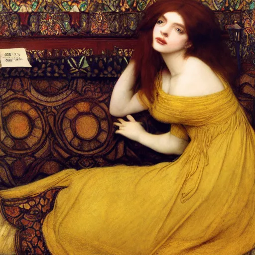 Prompt: preraphaelite photography reclining on bed, a hybrid of judy garland and a hybrid of lady gaga and katie holmes, aged 2 5, big brown fringe, wide shot, yellow ochre ornate medieval dress, john william waterhouse, kilian eng, rosetti, john everett millais, william holman hunt, william morris, 4 k