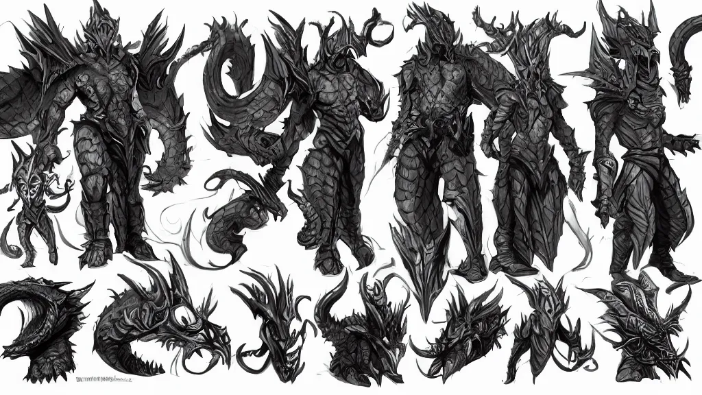Prompt: a fantasy draconian character design sheet, trending on artstation