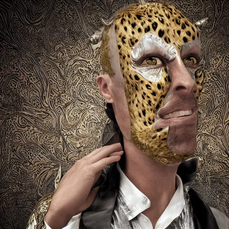 Image similar to extreme close - up octane render portrait by wayne barlow and carlo crivelli and glenn fabry, a futuristic egyptian god with the head of a cheetah and wearing a futuristic stylish silver gucci three piece suit with a colorful floral shirt, sitting in a charming vintage upscale bohemian elegant boutique hotel with beautiful wallpaper, very short depth of field, bokeh