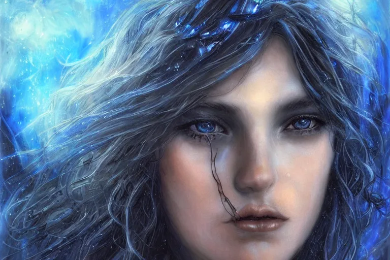 Image similar to masterpiece goddess of sorrow portrait, 3 0 years woman, melancholic face, long hair, digital painting by louis royo and julie bell, dark tenebrous blue background, antic temple background, cinematic light, aura effect, some chaotic sparkles, wind, unreal engine, artstation, deviantart, pinterest