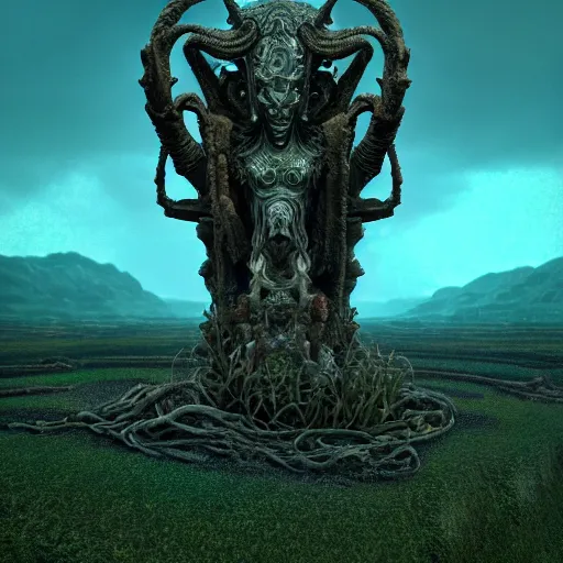 Image similar to ancient dead god being in desolate and lush landscape, moody, iridescent, opalescent :: by James Jean, Jeff Koons, Dan McPharlin Daniel Merrian :: ornate, dynamic, particulate, rich colors, intricate, elegant, highly detailed, centered, artstation, smooth, sharp focus, octane render, 3d