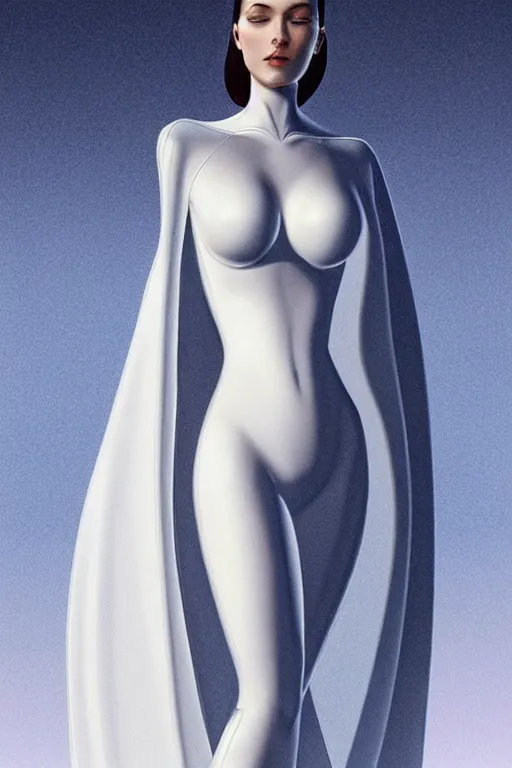 Image similar to detailed beautiful noun in opened white gold blue coat, seductive confident pose, attractive feminine curves, intricate details, futuristic, alien, elegant cape, elegant, photorealism, trending on artstation, holy halo, advanced technology, art by moebius and vitaly bulgarov and chanthara