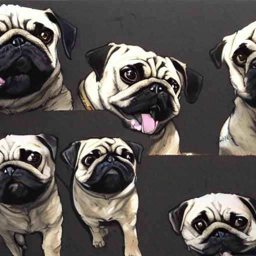 Image similar to self portrait showing family of pugs by yoji shinkawa, extra details, colored, 4 k, dynamic lighting