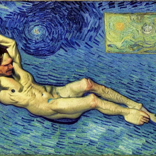 Image similar to Tom Cruise swimming in the sea by Van Gogh