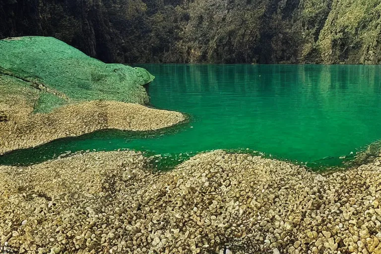 Prompt: an emerald cave inside which is a transparent lake at the bottom of which are sparkling diamonds, and on the shore of the lake are gold nuggets