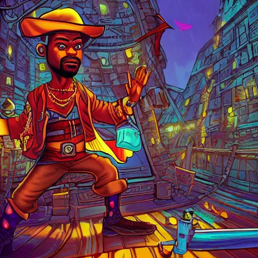 Image similar to chris rock dressed as a pirate and will smith dressed as a ninja, by dan mumford and ross tran, cosmic, terrifying, demon rays, intricate detail, cinematic, 8 k, cel shaded, unreal engine, featured on artstation, pixiv