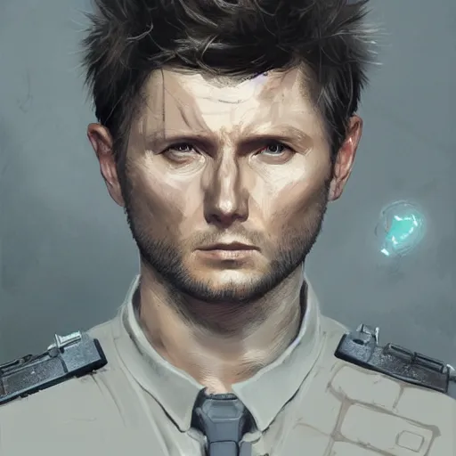 Image similar to portrait of a man by greg rutkowski, jenzen ackles as a weyland - yutani mercenary, from aliens franchise, he is about 3 0 years old, military composure, wearing white and black colored tactical gear, highly detailed portrait, digital painting, artstation, concept art, smooth, sharp foccus ilustration, artstation hq