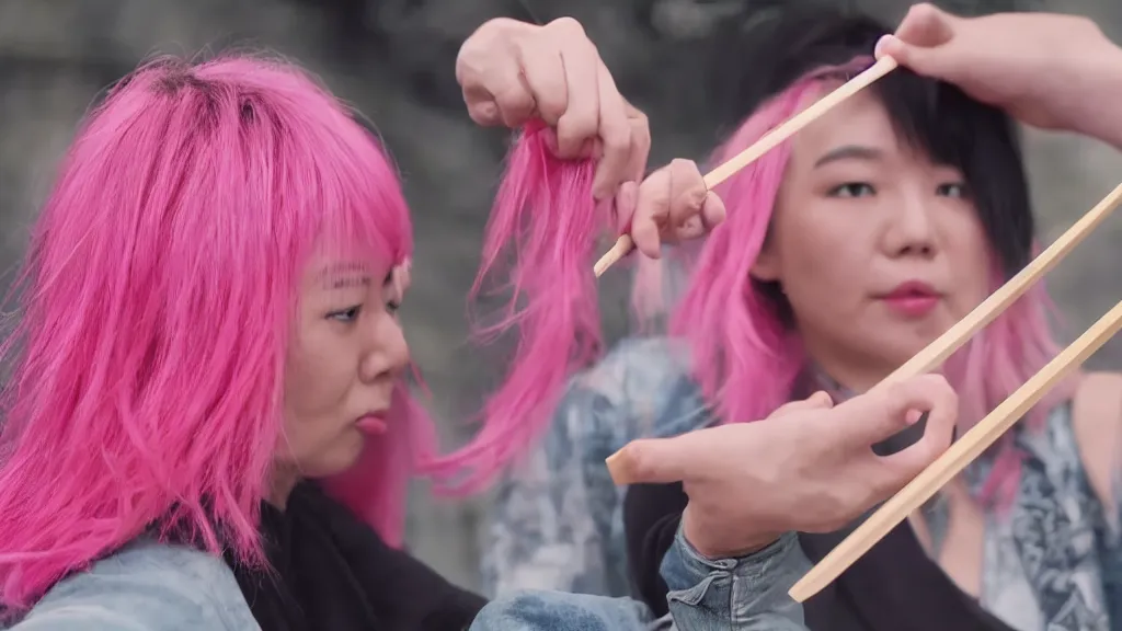 Image similar to person with pink hair and a knife fighting an asian person with chopsticks, cinematic, 4 k