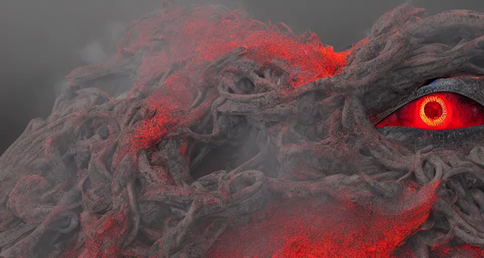 Image similar to a volcano made of ivory vines and crimson rocks enters in eruption, it spits a smoke in the shape of demonic eye, with 3D render