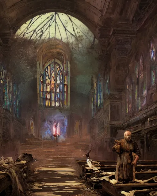 Image similar to a highly detailed epic cinematic concept art CG render digital painting artwork: old dead couple at a decayed church altar surrounded by dark figures. triadic color scheme, By Greg Rutkowski, in the style of Francis Bacon and Syd Mead and Edward Hopper and Norman Rockwell and Beksinski, open ceiling, highly detailed, painted by Francis Bacon, painted by James Gilleard, surrealism, airbrush, Ilya Kuvshinov, WLOP, Stanley Artgerm, very coherent, art by Takato Yamamoto and James Jean