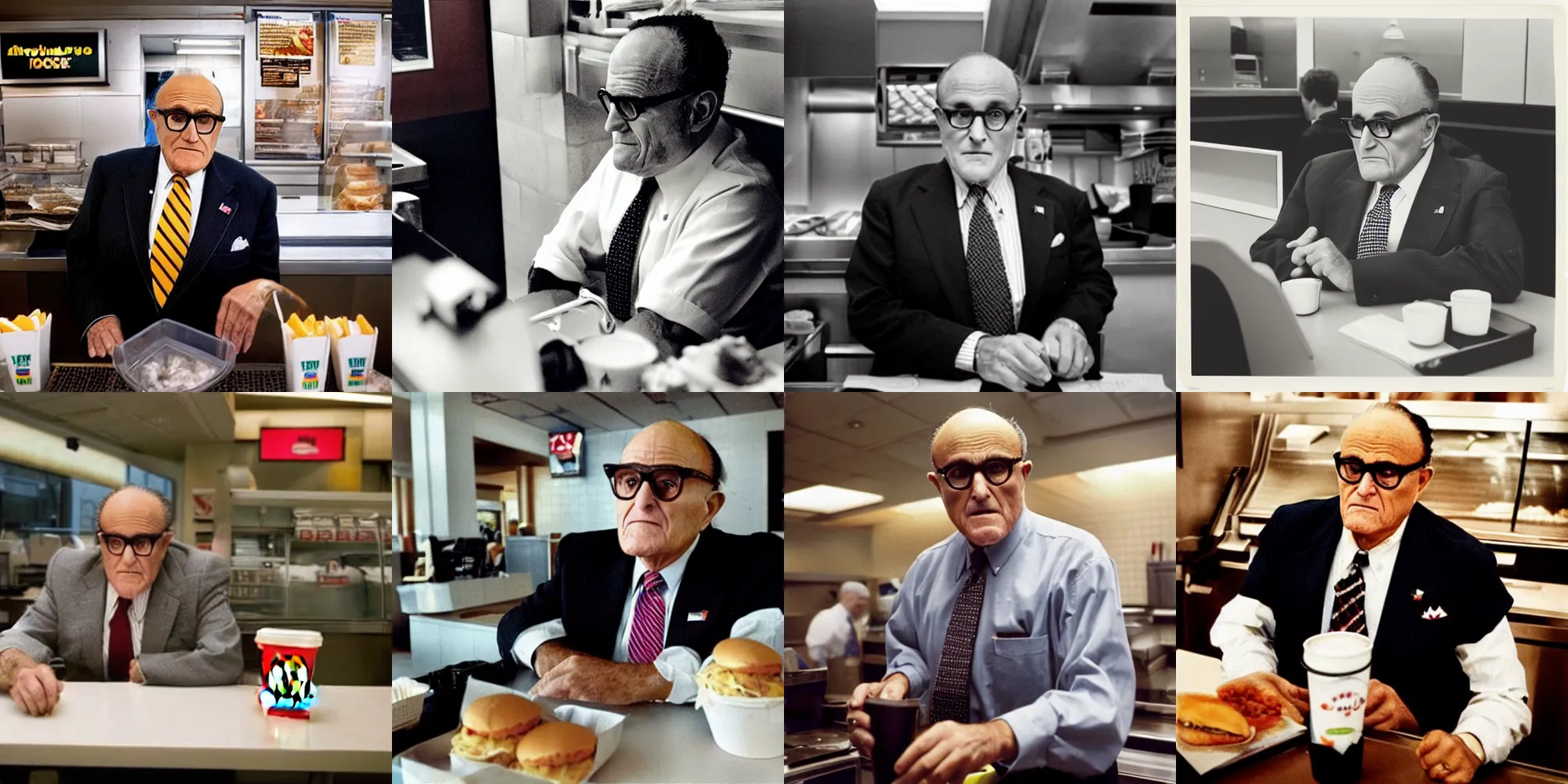 Prompt: Candid portrait photograph of Rudy Giuliani working at McDonalds, taken by Annie Leibovitz