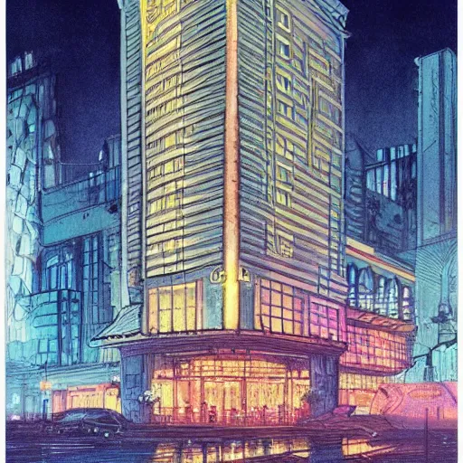 Image similar to a beautiful artwork of a hotel at night, top view, neon and rainy theme atmosphere by Jerome Opeña, featured on artstation