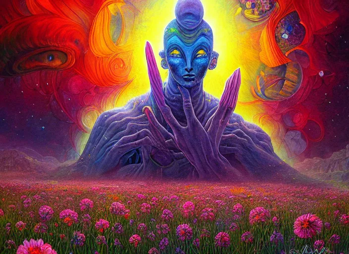 Image similar to a beautiful painting of a large alien shrine shrouded by mystic nebula magic in a field of flowers by moebius and android jones, oil on canvas sharp, details, hyper - detailed, hd, hdr, 4 k, 8 k