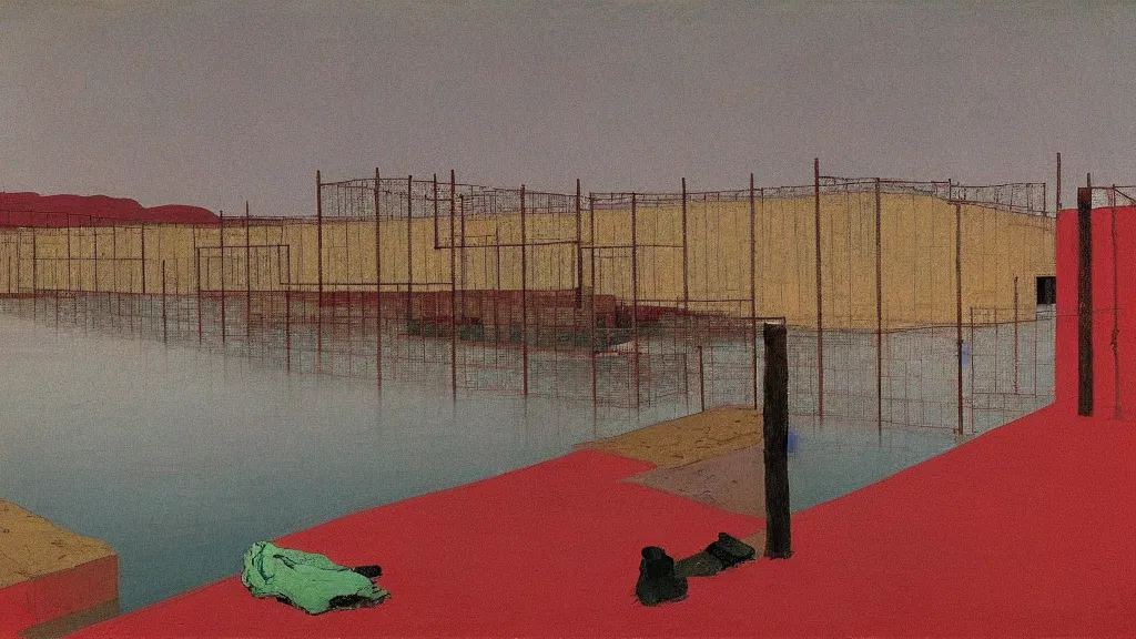 Image similar to a chinese prison near a river by peter doig, muted colors