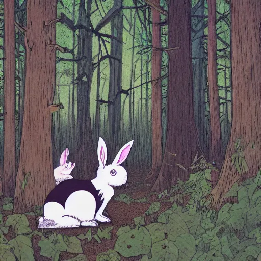 Prompt: A rabbit in the woods, by Junji itou and KAZUO UMEZZ