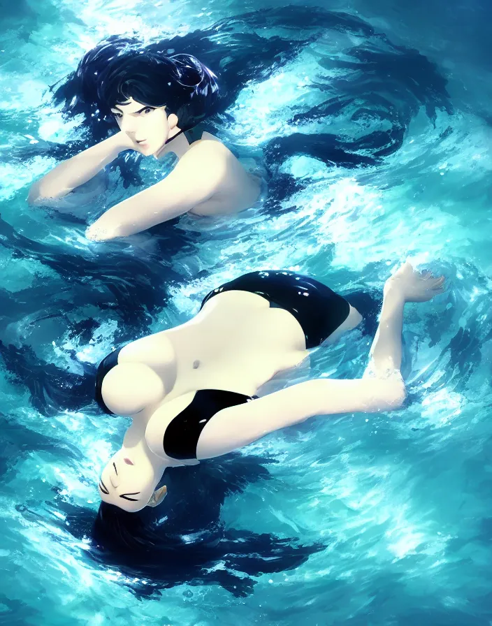 Image similar to a woman swimming underwater in a black bikini, matte, art by ilya kuvshinov and kyoto animation and ruan jia and ross tran, studio quality, aniplex,