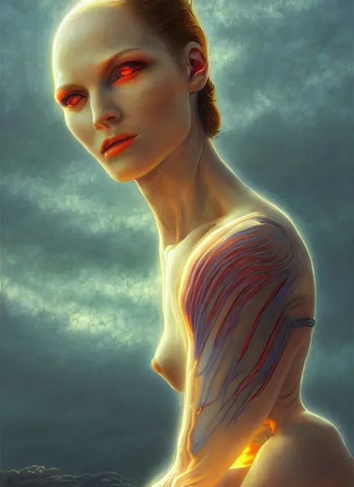 Prompt: biblical beautiful female android, glowing veins, in clouds, sunset, portrait, by gerald brom, by peter elson, muted colors, extreme detail, reflections, trending on artstation, 8 k