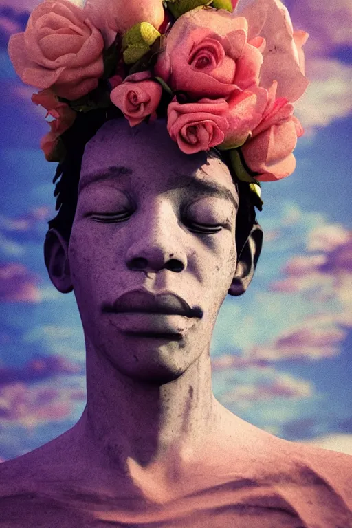 Prompt: milky quartz statue of a beautiful basquiat wearing a crown full of peach roses and reaching to the sky. rococo style ribbon the color of papyrus swirling across the sky, background heavenly sky, marble columns, Trending on artstation. halo. octane render, cinematic, hyper realism, octane render, 8k, depth of field, 3D
