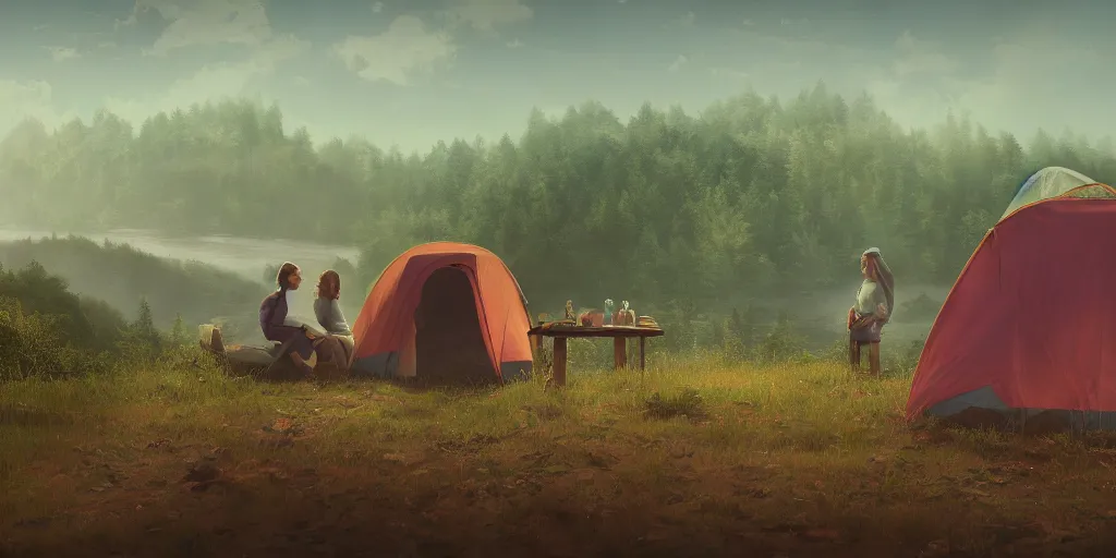 Image similar to two women camping, looking out of a car window, elegant scene, low angle, wide angle, indian forest, wide angle, cinematic, ultrarealistic, trending on artstation, cgsociety, highly detailed, color graded, rendered in unreal engine 4 k hq, matte painting, by simon stalenhag and hudson river school, horizon forbidden west