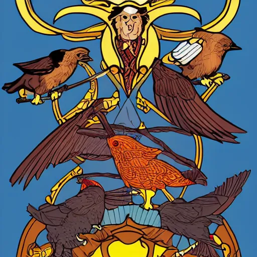 Prompt: odin with his two ravens, logo, cartoon drawing, 8 k, flat colors, trending on artstation