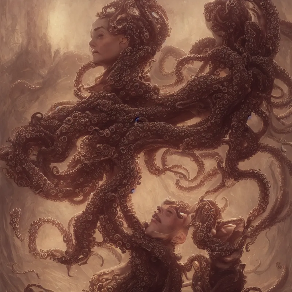 Prompt: woman surrounded by octopus tentacles, beautiful portrait, cthulhu, gothic, by gaston bussiere, anna nikonova, greg rutkowski, yoji shinkawa, yoshitaka amano, tsutomu niehi, moebius, donato giancola, geoffroy thoorens, trending on artstation, featured on pixiv, cinematic composition