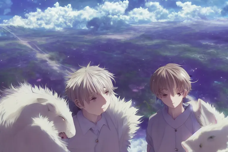 Image similar to a vast scene, panorama distant view, anime art full body portrait character concept art, hyper detailed scene render of a boy and white lion, anime key visual of violet evergarden, finely detailed perfect face delicate features directed gaze, in the white clouds fairyland, trending on pixiv fanbox, violet evergarden, studio ghibli, james jean, extremely high quality artwork