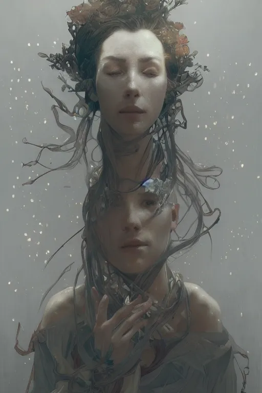 Image similar to A full portrait of a beautiful terrible powerful dystopian blind screaming prophet, intricate, elegant, highly detailed, digital painting, artstation, concept art, smooth, sharp focus, illustration, art by Krenz Cushart and Artem Demura and alphonse mucha