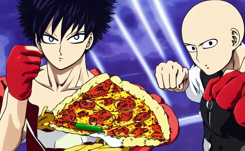 Image similar to Saitama from One Punch Man eating pizza, 8k hdr pixiv dslr photo