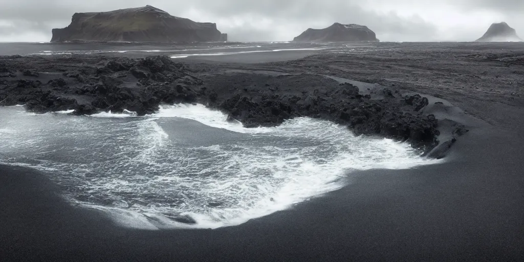 Image similar to icelandic coast. black sand. dramatic sky. cinematic. intricate. mist. low angle wide shot. highly detailed. matte painting in the style of craig mullins.