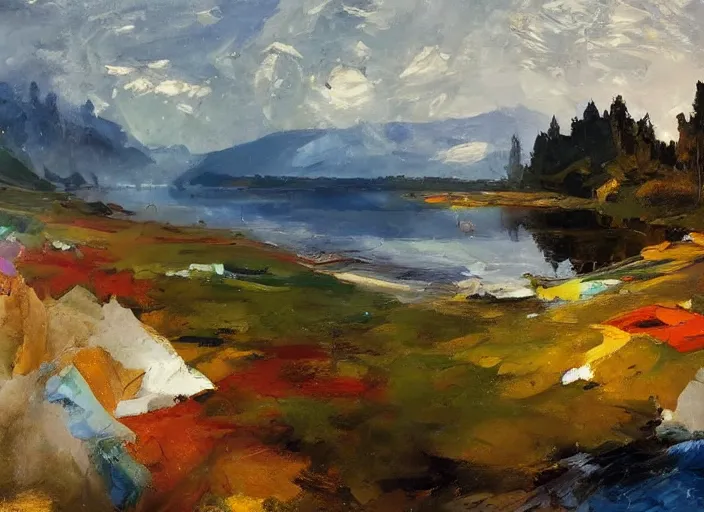 Image similar to palette knife, impasto oil painting of silent calm lake shore by hans hofmann, thick paint brush strokes, art by anders zorn, wonderful masterpiece by greg rutkowski, beautiful cinematic light, american romanticism by greg manchess, creation by tyler edlin