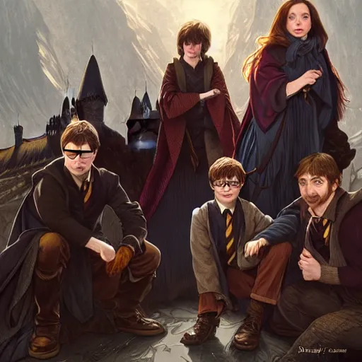 Prompt: A group photo of the Harry Potter cast but it's all Daniel Radcliffe, western, D&D, fantasy, intricate, elegant, highly detailed, digital painting, artstation, concept art, matte, sharp focus, illustration, art by Artgerm and Greg Rutkowski and Alphonse Mucha