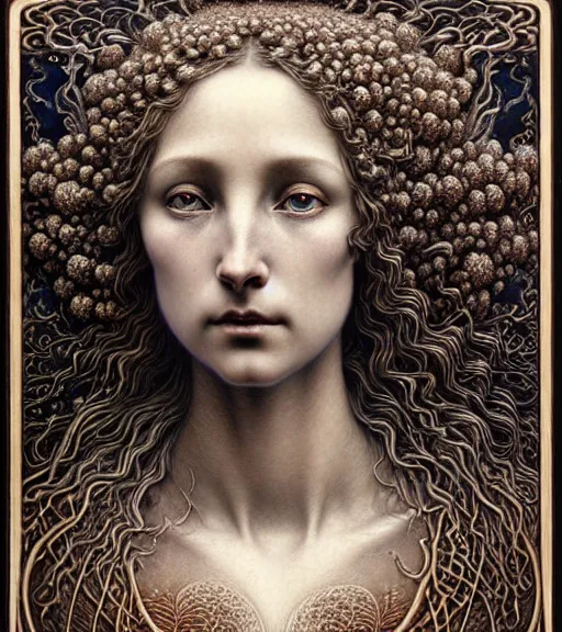 Prompt: detailed realistic beautiful dusk goddess face portrait by jean delville, gustave dore, iris van herpen and marco mazzoni, art forms of nature by ernst haeckel, art nouveau, symbolist, visionary, gothic, neo - gothic, pre - raphaelite, fractal lace, intricate alien botanicals, ai biodiversity, surreality, hyperdetailed ultrasharp octane render