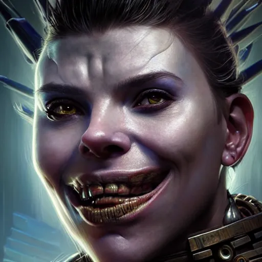 Image similar to portrait painting of a cyberpunk orc shaman extremely muscular ugly scarlett johansson with misshapen teeth, ultra realistic, concept art, intricate details, eerie, highly detailed, photorealistic, octane render, 8 k, unreal engine. art by artgerm and greg rutkowski and charlie bowater and magali villeneuve and alphonse mucha