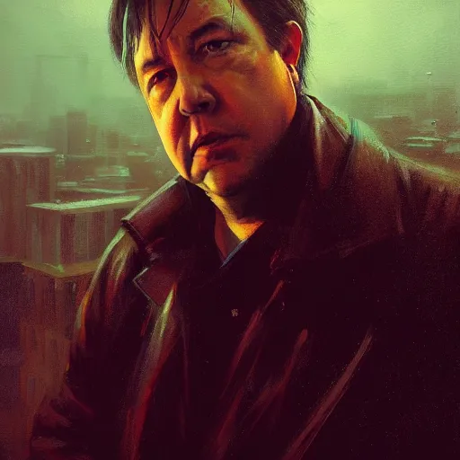 Prompt: closeup portrait of bill hicks, dramatic lighting, city background, chiaroscuro, high detail, painted by greg rutkowski, trending on artstation